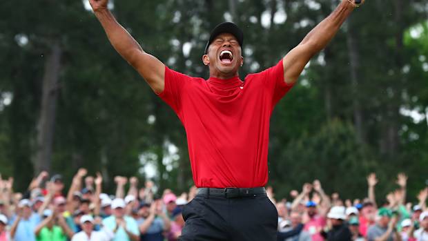 Tiger Woods celebrates after winning the 2019 Masters.